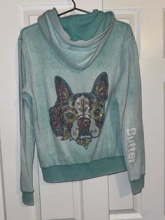 Butter Tops - Butter Super Soft Rhinestone French Bulldog Zip Hoodie XL Aqua Dog Graphic